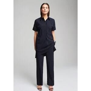 Chico’s Travlers Blouse Tunic Women’s 1(8/10) Navy Blue Strip Collard Button